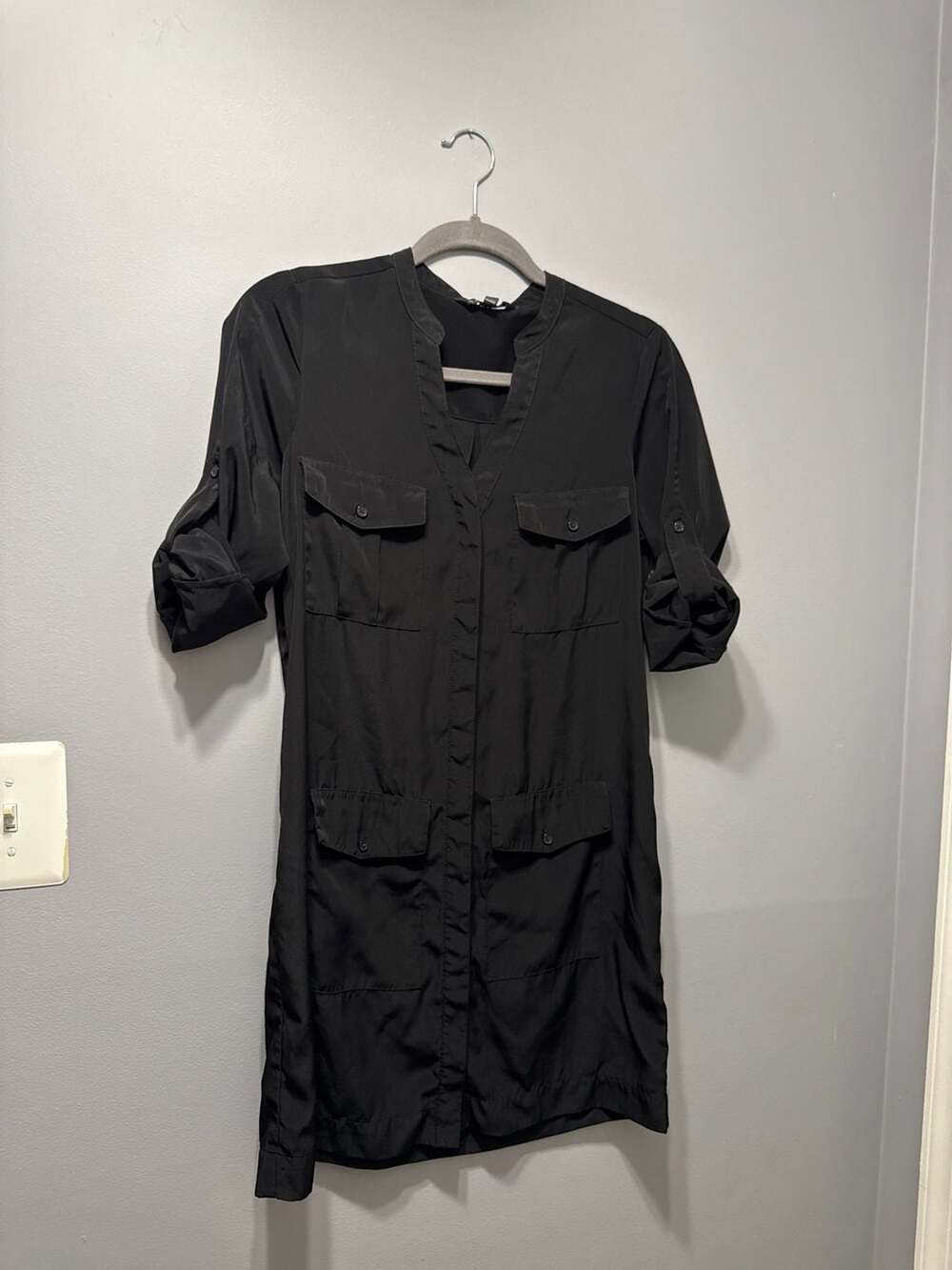 Express Black Satin-Finish Utility Roll-Tab Sleeve Shirtdress